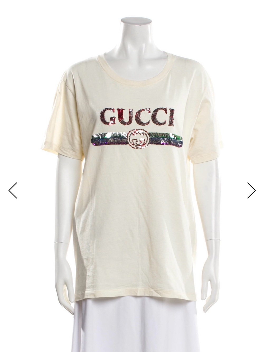Gucci Cream Cotton Tee with Red & Silver Sequin Logo